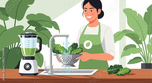 Woman Preparing Green Smoothie in Kitchen.