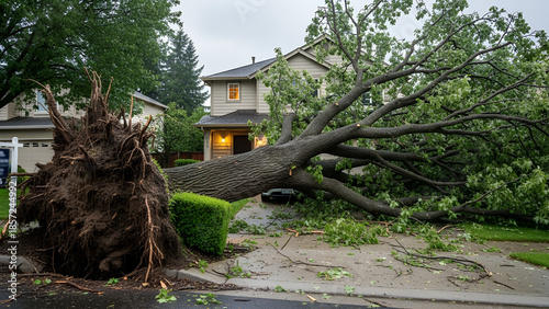 Fallen tree uprooted in residential area after storm damage  