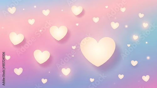 Dreamy pastel gradient background featuring a multitude of softly glowing hearts, perfect for romantic celebrations, love-themed events, and sweet moments