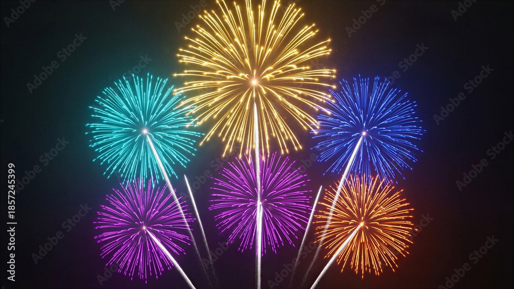 Fototapeta premium Beautiful multifloored firework explosions for New Year and holiday celebration.