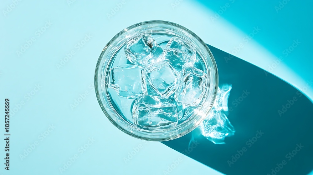 Obraz premium Refreshing Glass of Water with Ice Cubes on a Light Blue Background