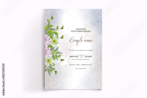 WEDDING INVITATION FRAME WITH FLOWER DECORATIONS AND FRESH LEAVES