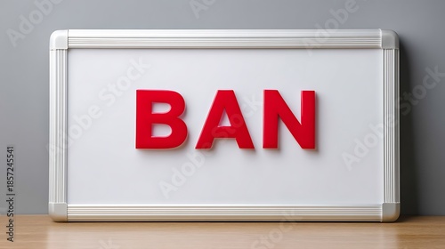 Red BAN Text on White Board with Silver against Gray Wall Background