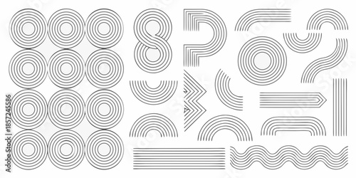 Abstract arrangement of curved and linear black and white graphic elements