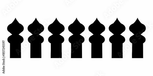 A row of black pointed fence posts presented against a white background
