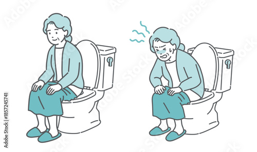 トイレに座る高齢女性のビフォーアフターイラスト（快便と便秘・ヒートショック・比較）