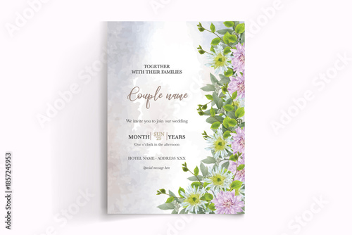 WEDDING INVITATION FRAME WITH FLOWER DECORATIONS AND FRESH LEAVES