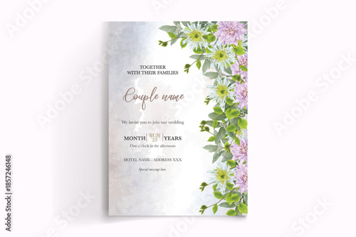 WEDDING INVITATION FRAME WITH FLOWER DECORATIONS AND FRESH LEAVES