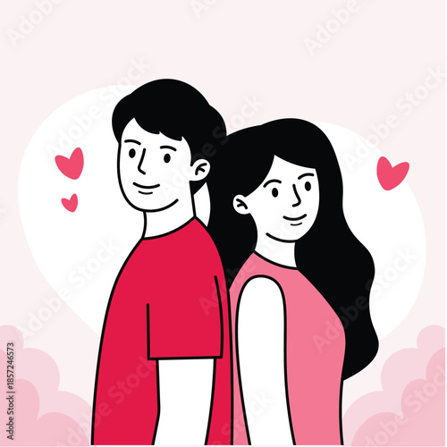 Flat style illustration of a young couple standing together with heart elements in soft pink tones. Romantic Valentine’s Day concept suitable for love themes, relationships, greeting cards, social med
