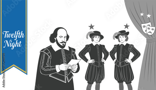 William Shakespeare Twelfth Night theatrical illustration featuring Elizabethan characters twin identity theme comedy tragedy masks and stage curtains.