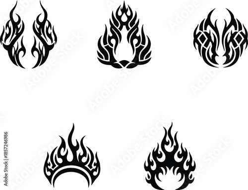 Five distinct black tribal fire vector graphics featuring aggressive flame silhouettes and sharp decorative tattoo motifs.