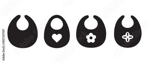Baby Bib Icons with Heart, Flower, and Cross Shapes in Black.