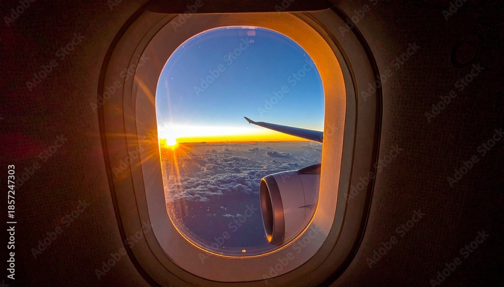 Fototapeta premium Breathtaking sunrise view from airplane window with clouds