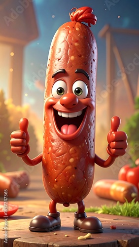 Cheerful cartoon sausage with arms and legs gives two thumbs up against an outdoor background scene