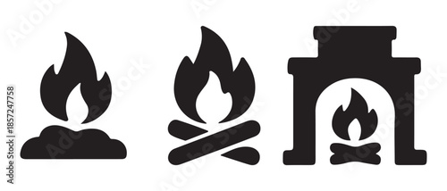 Simple Fire Icons set. Campfire, Bonfire, and Fireplace with Flames.