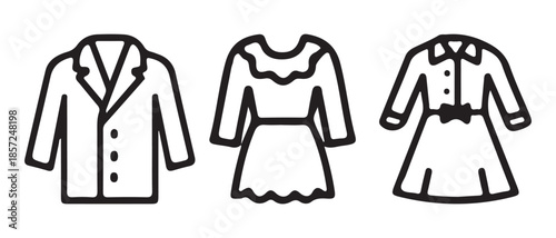 Line Art Illustrations of Children's Clothing Suit, Dress, and Formal Outfit on white background.