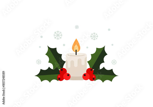 A festive white candle with a warm flame, surrounded by traditional green holly leaves and bright red berries, set against a snowy background.