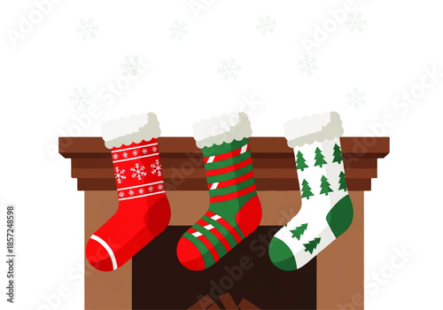 Three festive Christmas stockings hanging from a wooden fireplace mantel with snowflakes falling in the background, ready for holiday gifts.
