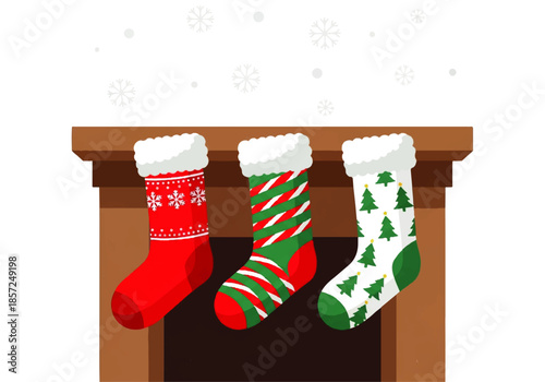 Three festive Christmas stockings hanging from a wooden fireplace mantel with snowflakes falling in the background, ready for holiday gifts.