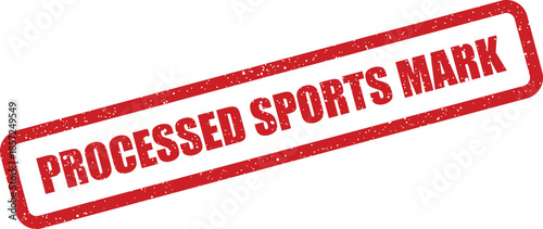 Distressed red processed sports mark stamp for official athletic event identification or team branding