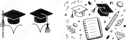 Hand drawn graduation and education doodle illustration featuring mortarboard caps, notebook, pencil and academic elements in black sketch style for school and learning design projects