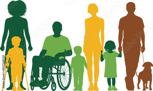 Inclusive family and community silhouettes illustrating diversity, disability, children and adults in colorful vector style for social awareness, equality and inclusion design projects