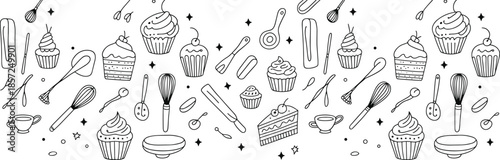 Hand drawn baking and dessert doodle pattern featuring cupcakes, cake slices, kitchen tools and sweets in black line art style for bakery and food design projects