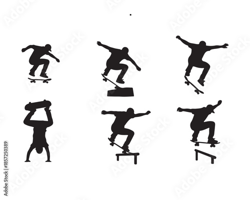 Skateboarder performing various tricks and stunts in silhouette