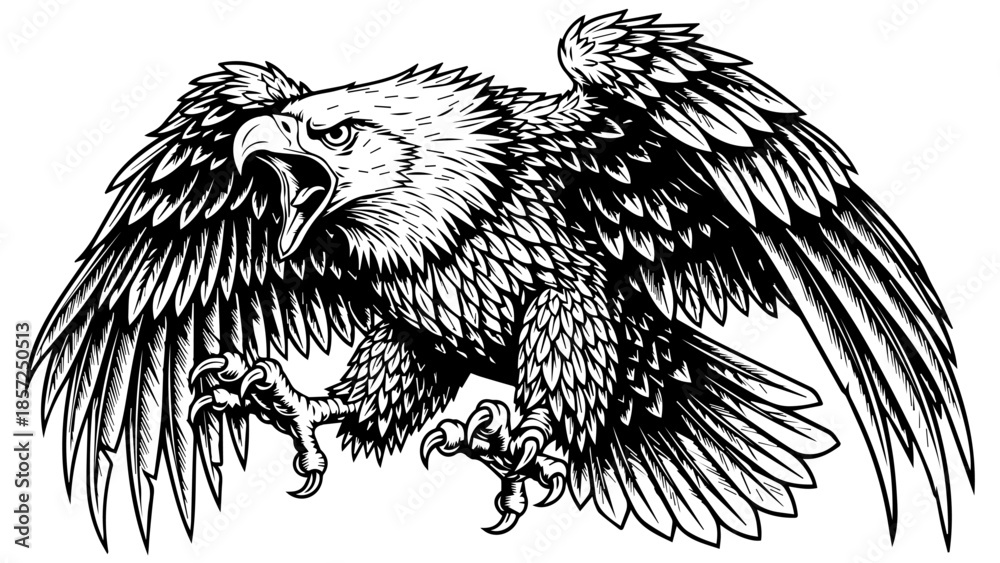Obraz premium A vintage black tribal vector illustration of a wild eagle head tattoo design featuring an animal silhouette with detailed feathers and a sharp beak as the bird sits amidst the nature snow