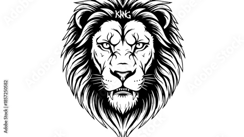 A powerful black and white tribal tattoo design of a wild lion head vector illustration featuring a fierce feline mascot face for an animal wildlife nature logo or predatory safari art silhouette