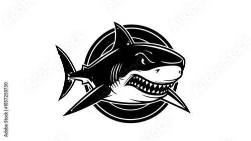 Vector illustration of a blue marine warrior silhouette holding a sword alongside a tattoo style shark skull icon isolated on a white underwater nature background