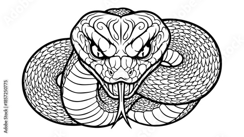 Vintage hand drawn vector sketch of a snake coiled around an apple with floral rose decoration and leaf pattern art in a black silhouette tattoo illustration style