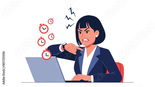 Businesswoman Checking Watch At Desk In Stress.