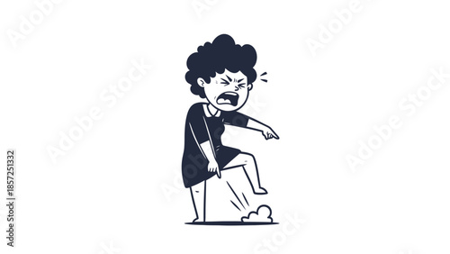 Cartoon man with angry expression seated on a stool.