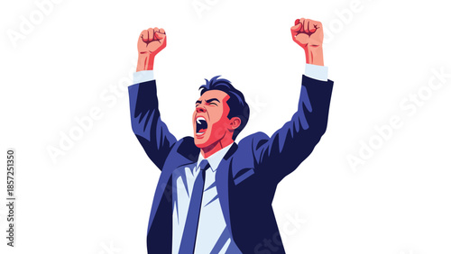 Celebrating businessperson with raised fists in triumph.