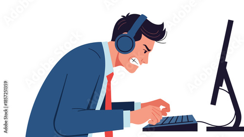 Customer support agent wearing headset working at computer.