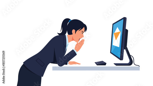 Curious woman leaning forward with thoughtful gaze.