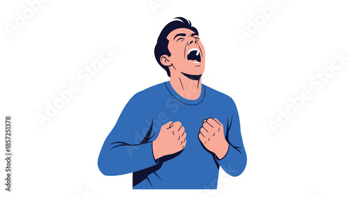 Distressed man with blue shirt expressing fear.