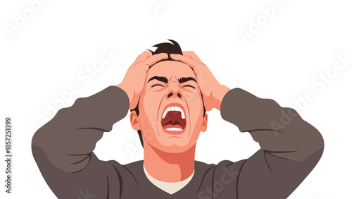 Man screaming with hands in hair expression.