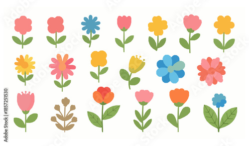 Cute colorful floral elements vector set with flowers and leaves isolated on white background
