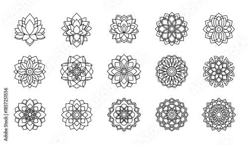 Minimal Thai lotus rosette line icon set with sacred floral symbols isolated on white background