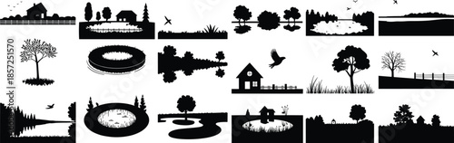 Rural landscape silhouette collection featuring houses, trees, ponds, fences and birds in black vector style for countryside nature and outdoor design projects