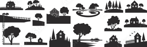 Countryside landscape silhouette set featuring rural houses, trees, fences, hills and winding paths in black vector style for nature and outdoor design projects
