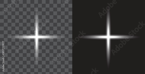 Simple White Cross Light Flare, Star Sparkle Effect for Overlay on Transparent Background