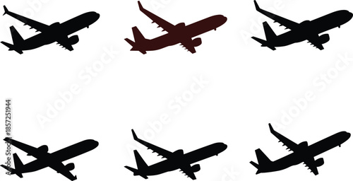 A Set of Six Commercial Airplane Silhouettes in Flight, Featuring Five High-Contrast Black Profiles and One Distinctive Dark Red Variation.