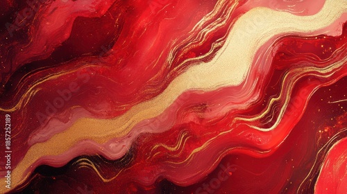 Abstract artwork features flowing red and gold colors, creating a dynamic and visually appealing design with textured brushstrokes and a sense of movement, perfect for artistic backgrounds