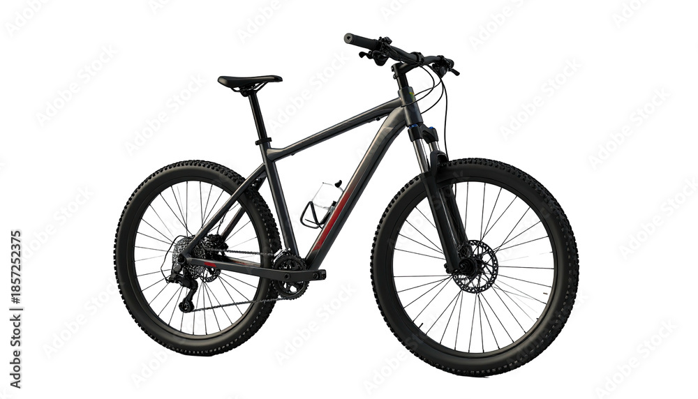 Fototapeta premium Sleek, matte black mountain bicycle with red accents, front view