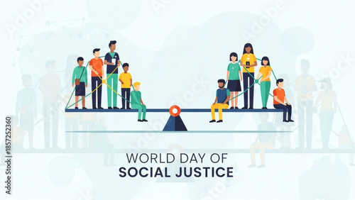 World day of social justice illustration with diverse people on seesaw