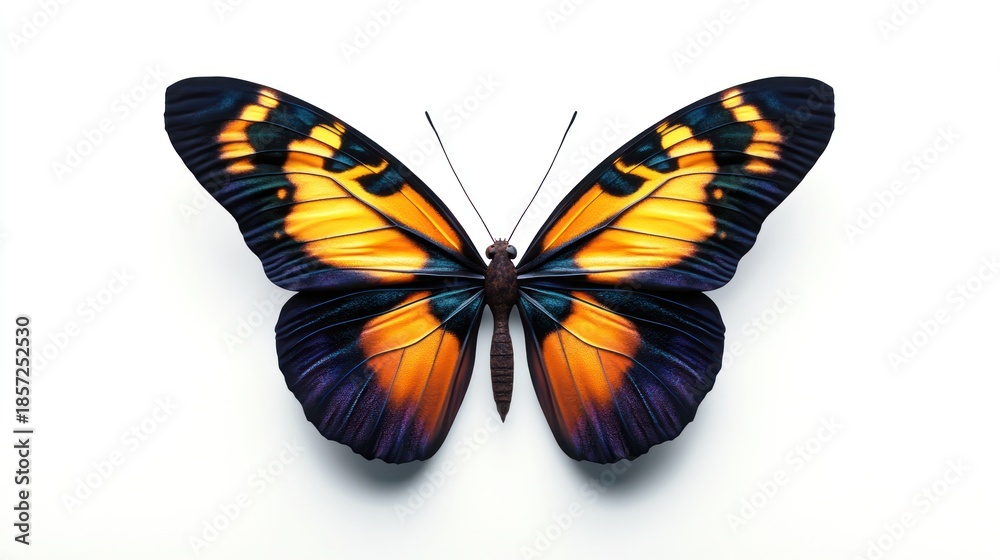 Obraz premium A vibrant butterfly displays its intricate patterns, showcasing a stunning array of colors including orange, yellow, and deep purple 