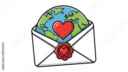 Earth globe in white envelope with red heart and seal, symbolizing love and care for the planet, eco friendly concept